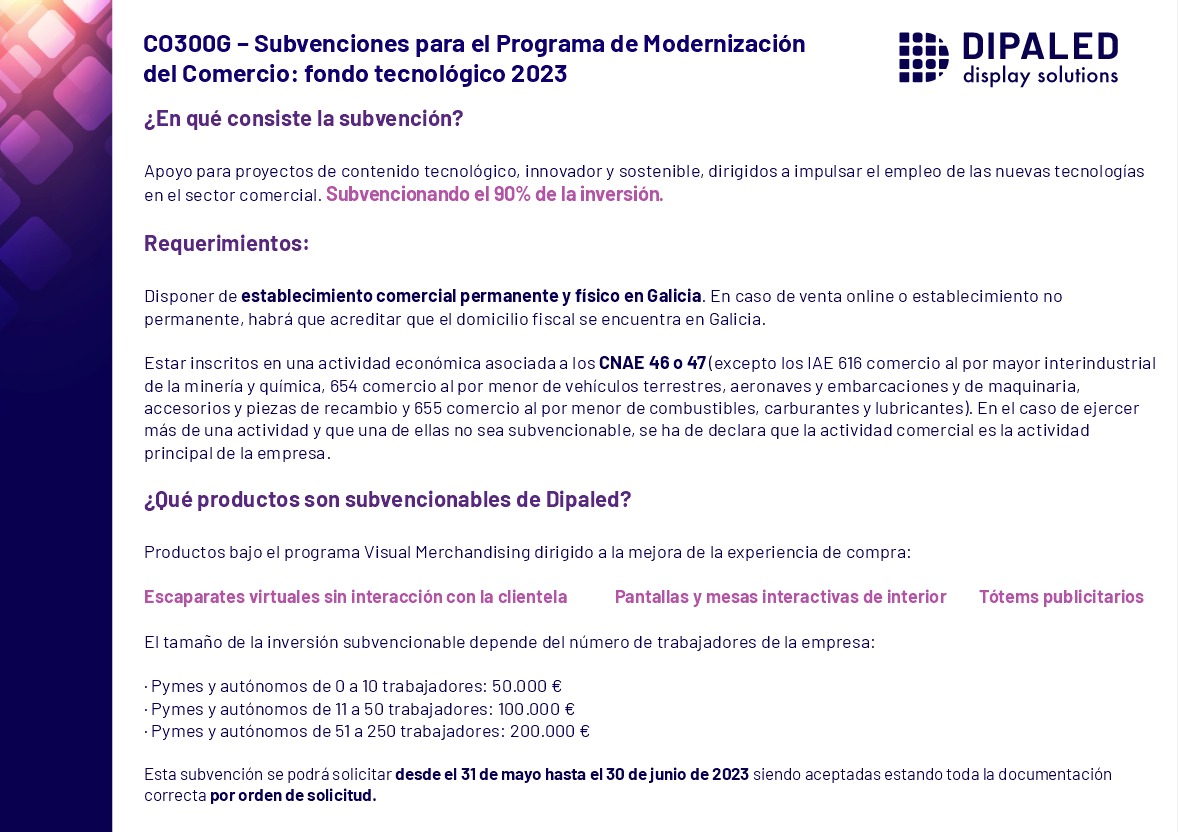 Fabricación y venta de Subvenciones para el Programa de Modernización del Comercio - DIPALED